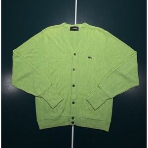 Vintage 80s Izod Lacoste Cardigan Knit Sweater Men's Large Lime Green Preppy